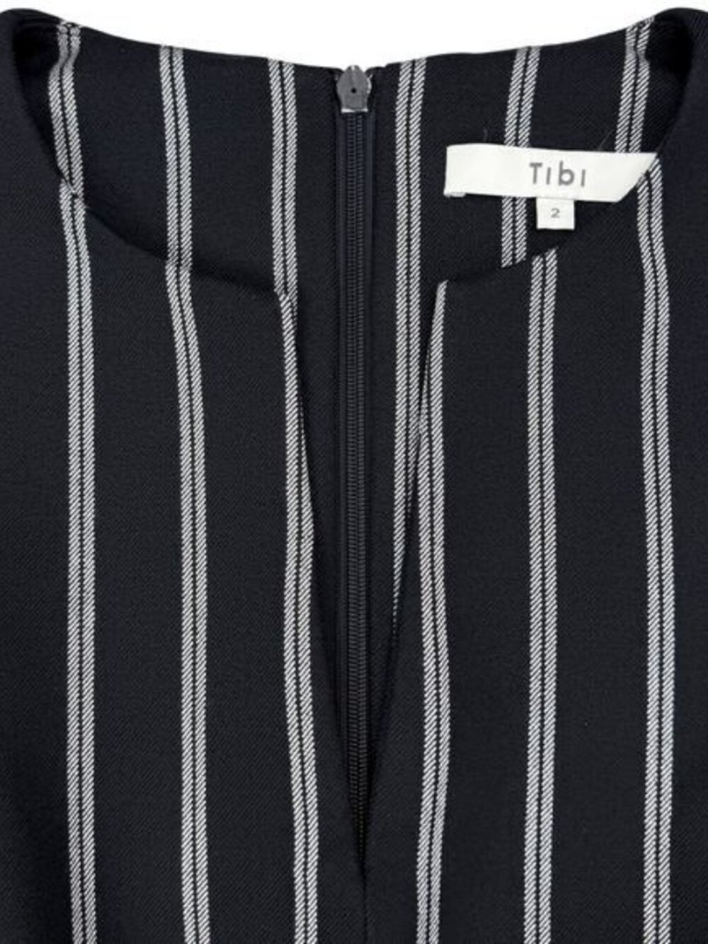 TIBI Felix Split Neck Gathered Blouson Sleeve Pinstripe Dress Size 2 Navy White - Picture 5 of 7